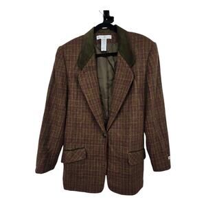 Vintage Wool Suede Plaid Blazer Women's Sz 12 Brown Preppy Academia Equestrian